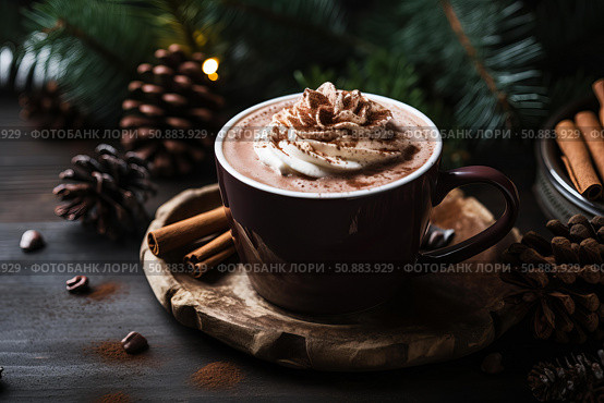 Steaming mug of hot chocolate with whipped cream and cinnamon sticks on wooden tray for christmas. Стоковое AI-изображение, AI-художник Иван Рябоконь / Фотобанк Лори