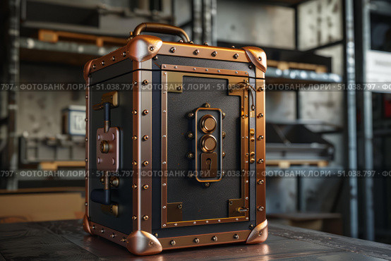 Steampunk safe protecting treasure in industrial setting. Стоковое AI-изображение, AI-художник Иван Рябоконь / Фотобанк Лори