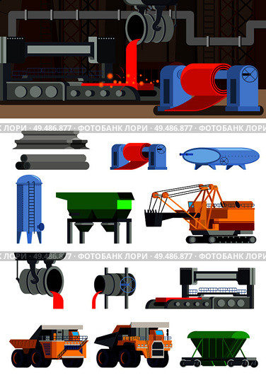 Steel production foundry equipment machinery for ore mining and transportation set of flat icons isolated vector illustration. Стоковая иллюстрация, агентство Ingram Publishing / Фотобанк Лори
