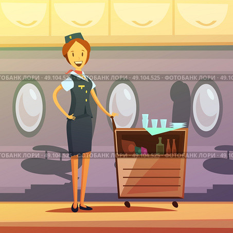 Stewardess Cartoon Illustration . Stewardess and tray with food and drinks in the plane cartoon background vector illustration . Стоковая иллюстрация, агентство Ingram Publishing / Фотобанк Лори