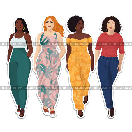 Sticker of a Body positive: beyond stereotypes, women who love themselves as they are. Стоковое AI-изображение, AI-художник Veniamin Kraskov / Фотобанк Лори