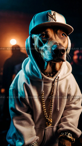 Стильная собака в ночном клубе. Rap Dog in Nightclub . AI Generated. Стоковое AI-изображение, AI-художник Алексей Траст / Фотобанк Лори