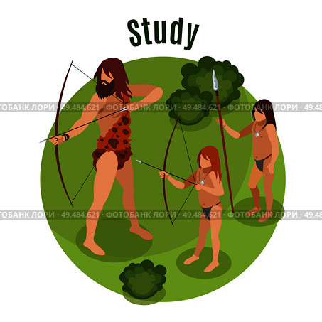 Stone age isometric concept with hunting learning symbols vector illustration. Стоковая иллюстрация, агентство Ingram Publishing / Фотобанк Лори