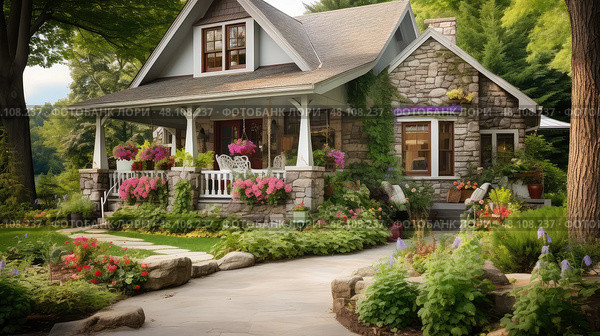 stone house curb appeal ai generated. Стоковое AI-изображение, AI-художник Vectorwin / Фотобанк Лори