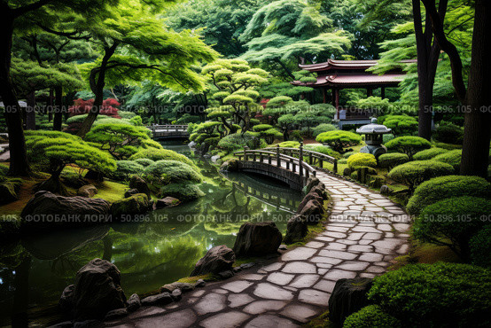 Stone path leading through lush japanese garden with traditional pagoda. Стоковое AI-изображение, AI-художник Иван Рябоконь / Фотобанк Лори
