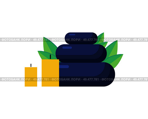 Stones and candles for massage and spa isolated vector. Black smooth pebble of different size, wax skied balls and green leaves, items for meditation. Stones and Candles for Massage and Spa Cartoon. Стоковая иллюстрация, агентство Ingram Publishing / Фотобанк Лори