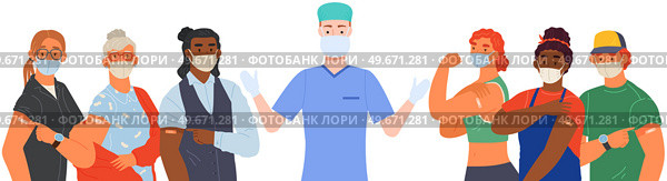 Stop coronavirus agitation concept. Vaccination promo, immunization of workers. Vaccine saves lives. People wearing protective mask showing their arm with bandage after receiving covid-19 vaccine. Stop coronavirus agitation concept. Vaccination promo, immunization of workers. Vaccine saves lives. Стоковая иллюстрация, агентство Ingram Publishing / Фотобанк Лори