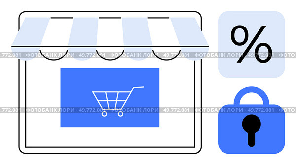 Storefront with awning and shopping cart icon. Includes percentage symbol and padlock. Ideal for online shopping security discounts e-commerce websites and sales promotions. Simple modern style. Online Shopping Storefront with Discount and Security Symbols Highlighted. Стоковая иллюстрация, агентство Ingram Publishing / Фотобанк Лори