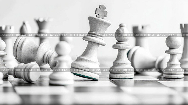 Strategic Game: Chess Pieces on a Board with a Fallen King, Challenge and Strategy in a Monochrome Setting. Стоковое AI-изображение, AI-художник Данила Большаков / Фотобанк Лори