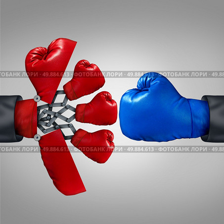 Strategy advantage and business competitiveness concept as a red boxing glove opening up to a secret weapon to reveal multiple team members to compete with another rival. Стоковое фото, агентство Ingram Publishing / Фотобанк Лори