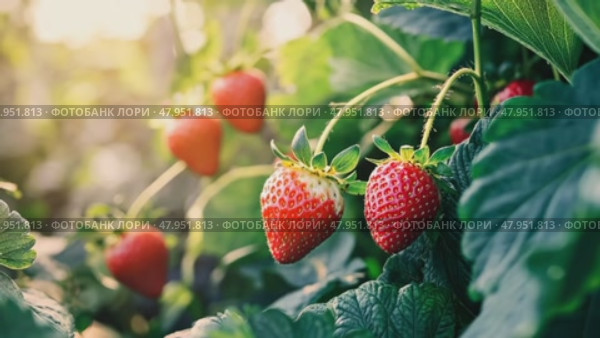 Strawberry. Big ripe Strawberries cluster. Blurred green plantation background. Red sweet berries growing on Strawberry bush in a greenhouse. Many fresh raspberries. Abundance Summer Harvest. Business. Стоковое AI-видео, аниматор Марина Демидюк / Фотобанк Лори