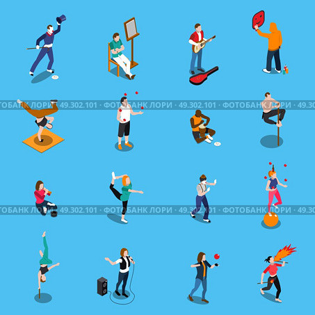 Street Artists Isometric Set. Street artists isometric set with musicians, painter, acrobats, graffiti, dancer, pantomime on blue background isolated vector illustration. Стоковая иллюстрация, агентство Ingram Publishing / Фотобанк Лори