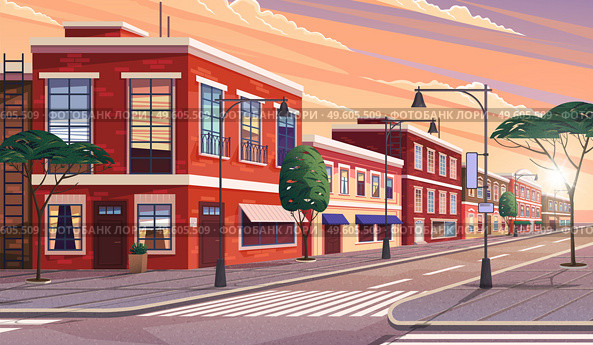 Street of town illustration of the historic urban area with trees and streetlight in evening time. Cityscape with vintage brick building, narrow road and pedestrian walkway, shop windows and cafes. Street of town illustration of the historic urban area with trees and streetlight in evening time. Стоковая иллюстрация, агентство Ingram Publishing / Фотобанк Лори