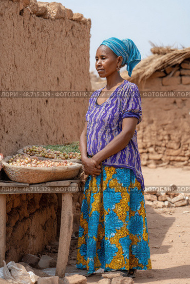 Street vendor selling local produce in rural african village. Стоковое AI-изображение, AI-художник Юрий Поздников / Фотобанк Лори