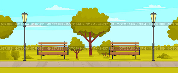 Street with plants and asphalt road. Sidewalk in summer park. Landscape with nature and sidewalk. Natural landscape around road. View of park with wooden benches, lamp posts and deciduous trees. View of park with wooden benches, lamp posts and deciduous trees. Street with plants and road. Стоковая иллюстрация, агентство Ingram Publishing / Фотобанк Лори