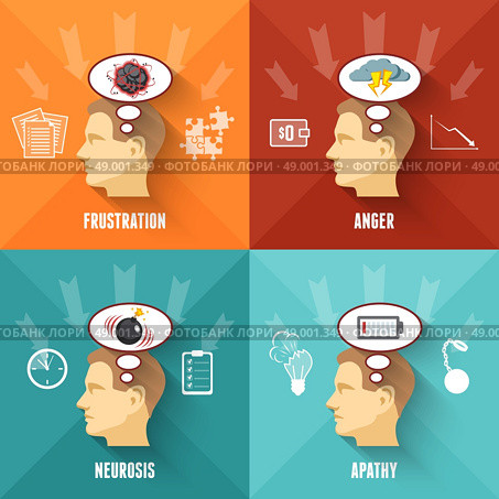 Stress concept 4 flat icons square . Common work related stress disorders and apathy 4 flat icons square composition banner abstract isolated vector illustration. Стоковая иллюстрация, агентство Ingram Publishing / Фотобанк Лори