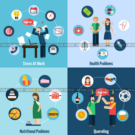 Stress depression 4 flat icons square . Mental health problems relating to stress at work 4 flat icons composition banner abstract isolated vector illustration. Стоковая иллюстрация, агентство Ingram Publishing / Фотобанк Лори