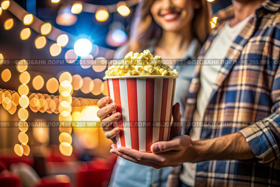 Striped red and white box with salted popcorn in his hand against the background of cinema lights. A popular snack in cinemas. Стоковое AI-изображение, AI-художник Photojuli / Фотобанк Лори