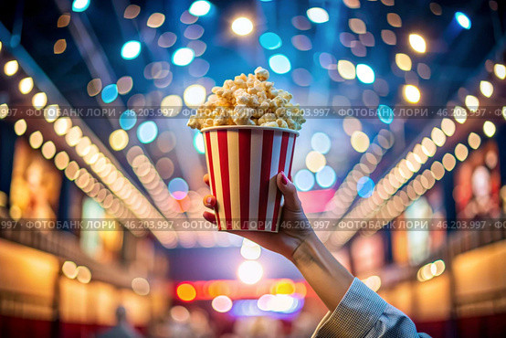Striped red and white box with salted popcorn in his hand against the background of cinema lights. A popular snack in cinemas. Стоковое AI-изображение, AI-художник Photojuli / Фотобанк Лори