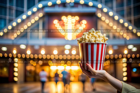 Striped red and white box with salted popcorn in his hand against the background of cinema lights. A popular snack in cinemas. Стоковое AI-изображение, AI-художник Photojuli / Фотобанк Лори
