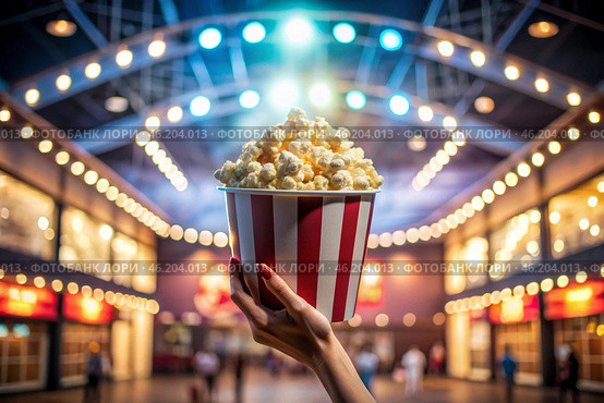 Striped red and white box with salted popcorn in his hand against the background of cinema lights. A popular snack in cinemas. Стоковое AI-изображение, AI-художник Photojuli / Фотобанк Лори