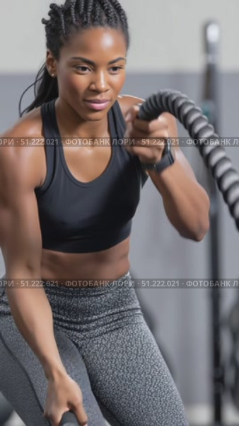 Strong female athlete using battle ropes for an intense upper body workout, demonstrating strength and determination in a fitness center setting. Стоковое AI-видео, аниматор Юрий Поздников / Фотобанк Лори