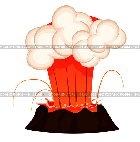 Strong jet of effluent hot lava, white clouds over top isolated. Erupting rock pinnacle volcano disaster with burning fire, last stage. Vector illustration of geological formations in cartoon style.. Strong Jet of Effluent Hot Lava, White Clouds. Стоковая иллюстрация, агентство Ingram Publishing / Фотобанк Лори
