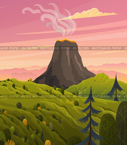 Strong jet of effluent hot lava, white clouds over top. Erupting rock pinnacle volcano disaster with burning fire. Volcanic eruption mountain with magma. Volcano with lava vector illustration. Volcano disaster with burning fire. Volcanic eruption mountain with magma, strong jet of hot lava. Стоковая иллюстрация, агентство Ingram Publishing / Фотобанк Лори
