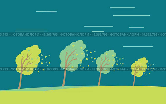 Strong Wind and Heavy Rainstorm in the Forest.. Strong wind and heavy rainstorm in the forest. Heavy shower, downpour, cloudburst fall down leaves from trees. Autumn concept. Wind blowing in the park. Vector illustration in flat style. Стоковая иллюстрация, агентство Ingram Publishing / Фотобанк Лори