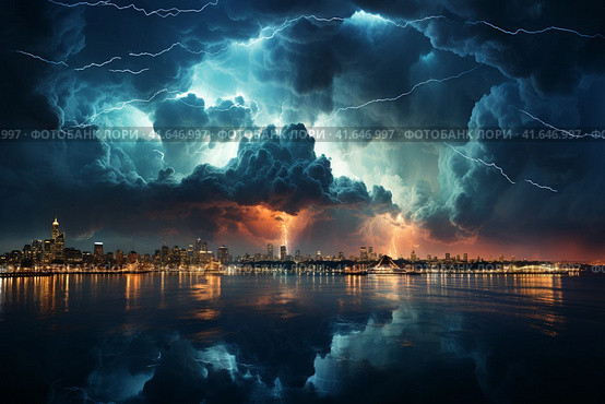 Strongest thunderstorm over a modern city. Lots of lightning in the sky,  Generative AI. Стоковое AI-изображение, AI-художник Анна Кривицкая / Фотобанк Лори