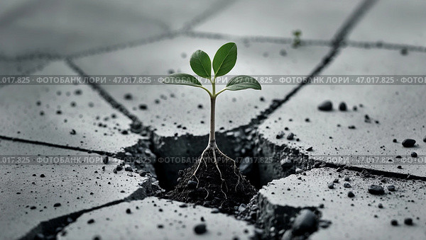 Struggle of life revealed through a green plant growing in cracked concrete during daylight. Стоковое AI-изображение, AI-художник Сергей Толмачёв / Фотобанк Лори