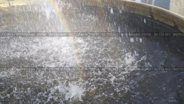 Струи воды из фонтана падают вниз. Капли воды и солнечный свет образуют двойную яркую разноцветную радугу. Городской фонтан крупным планом. Вода плещется в пруду. Брызги, капли, пузыри и пена в бассейне. Jets of water from the fountain fall down. Drops of water and sunlight form a double bright multicolored rainbow. City fountain close-up. Water splashes in the pond. Splashes, drops, bubbles and foam in the pool. Стоковое видео, видеограф Ирина / Фотобанк Лори