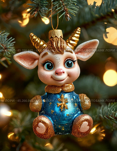 Stubborn kid goat, colorful Christmas tree toy. New Year's decor. Festive New Year's atmosphere. Стоковое AI-изображение, AI-художник Сергей Елизарьев / Фотобанк Лори