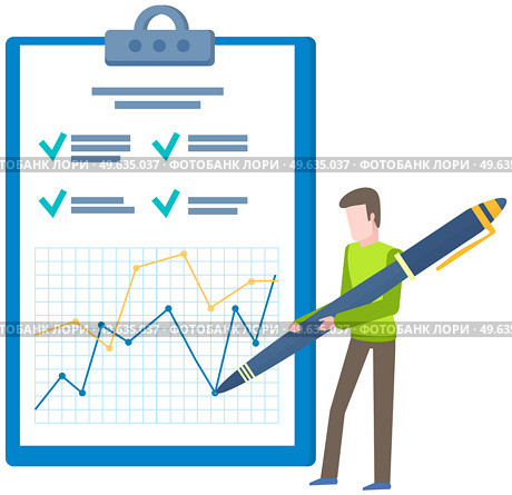 Student fills out questionnaire with pencil. Male character writing exam. Online test concept. Guy with clip board isolated on white background. Man checking correctness of test vector illustration. Student fills out questionnaire with pencil. Male character writing exam. Online test concept. Стоковая иллюстрация, агентство Ingram Publishing / Фотобанк Лори