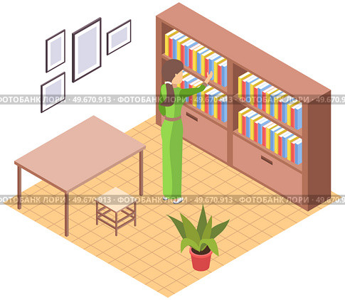 Student taking book at library vector icon bookcase. Female person study at school, college or university reading room. Girl at bookstore standing near bookshelf with stacks of books isolated on white. Student taking book at library icon bookcase. Woman at bookstore standing near bookshelf with books. Стоковая иллюстрация, агентство Ingram Publishing / Фотобанк Лори