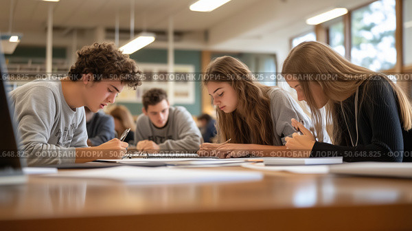 Students engaged in collaborative study session in a modern classroom during afternoon hours. Стоковое AI-изображение, AI-художник Сергей Толмачёв / Фотобанк Лори