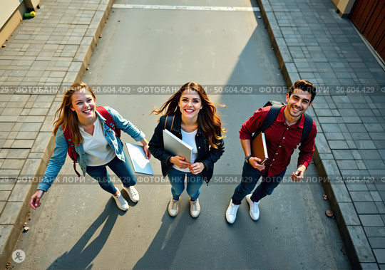 Студенты стоят на улице, улыбаются и смотрят вверх. The students are standing outside, smiling and looking up. Стоковое AI-изображение, AI-художник Смирнова Светлана / Фотобанк Лори