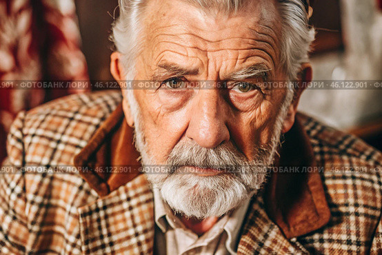 Studio portrait of a stylish, elegant elderly man, 70 years old, in a checkered jacket in brown tones. The concept of the elderly. Стоковое AI-изображение, AI-художник Photojuli / Фотобанк Лори