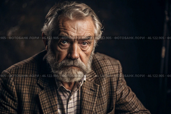 Studio portrait of a stylish, elegant elderly man, 70 years old, in a checkered jacket in brown tones. The concept of the elderly. Стоковое AI-изображение, AI-художник Photojuli / Фотобанк Лори