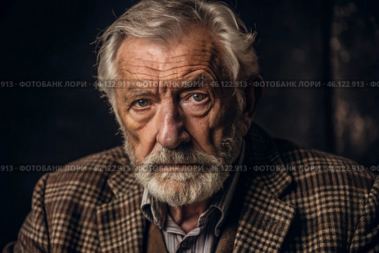 Studio portrait of a stylish, elegant elderly man, 70 years old, in a checkered jacket in brown tones. The concept of the elderly. Стоковое AI-изображение, AI-художник Photojuli / Фотобанк Лори