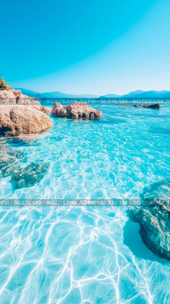 Stunning Tropical Seascape Featuring Luminous Aquamarine Water with Light Caustics, Coastal Boulders, and a Distant Mountain Range Horizon. Стоковое AI-изображение, AI-художник Данила Большаков / Фотобанк Лори
