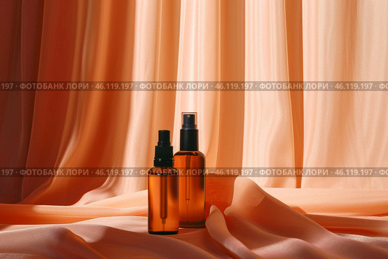 Stylish dark bottles of makeup and skincare products elegantly placed on soft fabric with warm backlighting. Стоковое AI-изображение, AI-художник Sergey Grishin / Фотобанк Лори