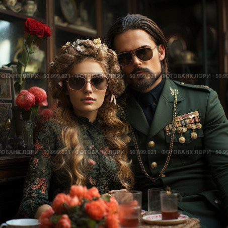 Stylish portrait of a spectacular couple in a vintage setting. The woman with long wavy blond hair and flowers in her hairdo is wearing a richly decorated Victorian dress. The man is in a military uniform with orders and medals, strict and confident. Both are wearing sunglasses, creating a contrast between the classic and modern style. The atmosphere of elitism, mystery and retro glamour. In the foreground is a tea ceremony with flowers and a tea set. A great image for the themes: fashion, style, couple, elite, vintage, romance. Стоковое AI-изображение, AI-художник Анна Кривицкая / Фотобанк Лори