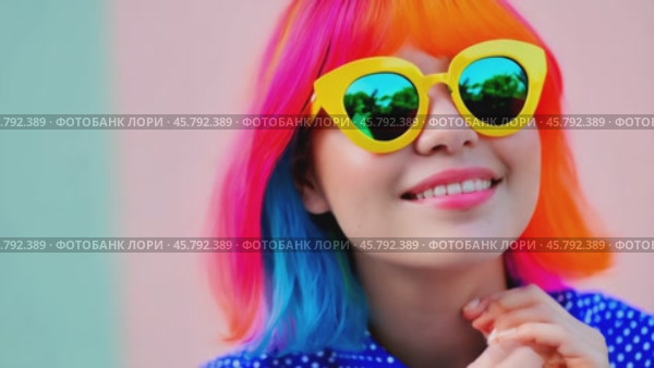Stylish Woman with Colorful Hair and Sunglasses Smiling. Стоковое видео, видеограф Данил Руденко / Фотобанк Лори
