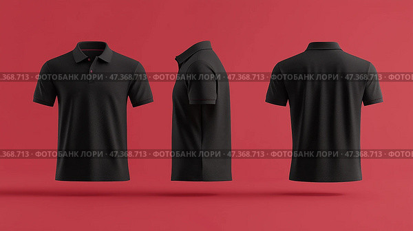 Stylishly Designed black Polo Shirt Mockup on red background. Модная серая рубашка-поло с подробными изображениями передней, боковой и задней частей рубашки. Стоковое AI-изображение, AI-художник Katsiaryna Repich / Фотобанк Лори