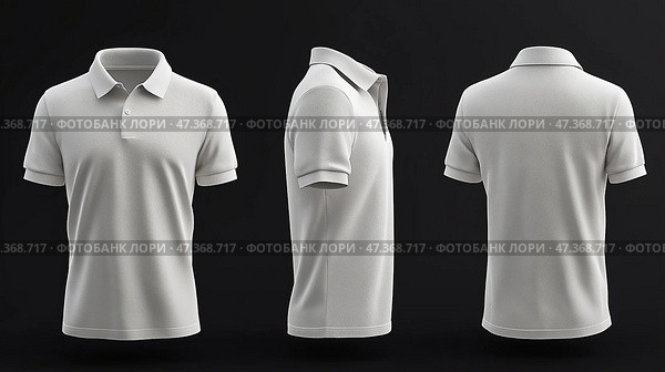 Stylishly Designed Gray Polo Shirt Mockup on grey background. Модная серая рубашка-поло с подробными изображениями передней, боковой и задней частей рубашки. Стоковое AI-изображение, AI-художник Katsiaryna Repich / Фотобанк Лори