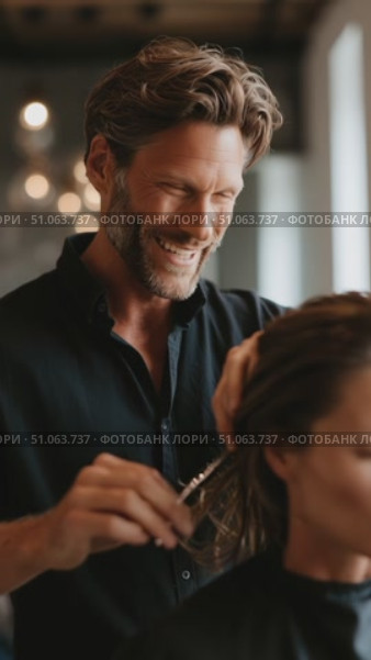 Stylist provides a modern haircut to client in a stylish salon setting during afternoon. Стоковое AI-видео, аниматор Сергей Толмачёв / Фотобанк Лори