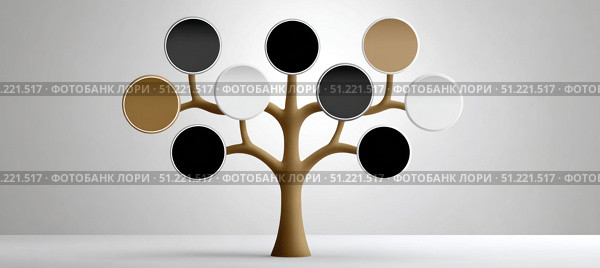 Stylized 3d tree branching with circular labels, providing customizable visual space for versatile text insertion and graphic design. Стоковое AI-изображение, AI-художник Юрий Поздников / Фотобанк Лори