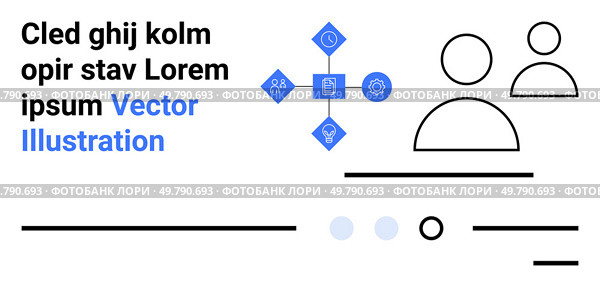 Stylized user interface elements with two user icons, placeholder text, and functional icons in a cross formation. Ideal for UIUX design, prototyping, web development, information architecture. Abstract User Interface Design with Iconography and Placeholder Text Elements. Стоковая иллюстрация, агентство Ingram Publishing / Фотобанк Лори