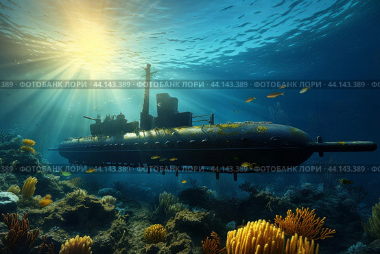 Submarine in underwater sun. Generate Ai. Стоковое AI-изображение, AI-художник Иван Рябоконь / Фотобанк Лори